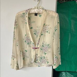Floral Cream Blouse with Pink and Green Accents